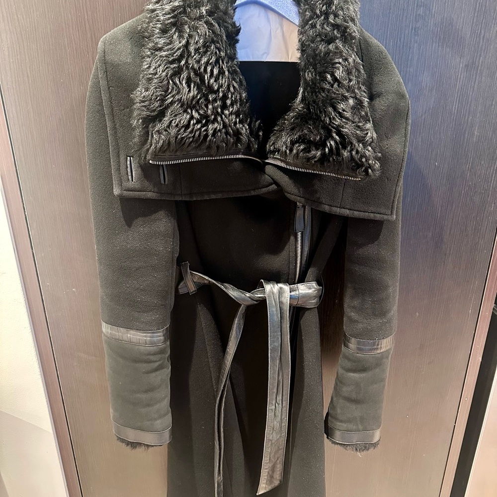 Mackage Toscana Shearling Wool Coat NORI 2-in-1 Asymmetrical Zip Belted Black L